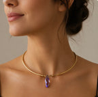 Collier Torque en laiton-Pendentif verre facette violet/bleu