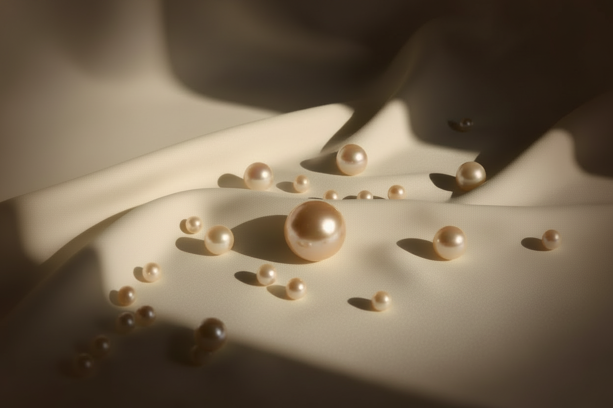 Perles nacrées dorées sur soie crème
